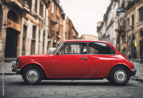 'city red side car view compact small hatchback auto automobile background colours economy isolated perspective reflections retro render shiny studio stylish transport'