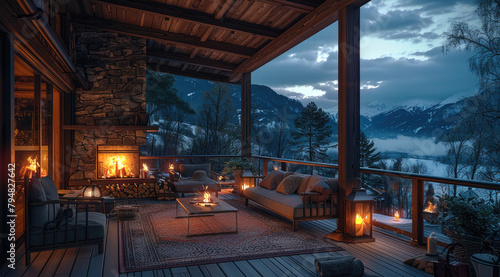 Outdoor cabin rustic balcony patio interior night scene, living room, fireplace, dark style. Generative AI.