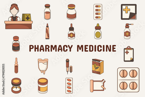 Pharmacy Medicine Lineal Color Vector Illustration Icon Sticker Set Design Materials