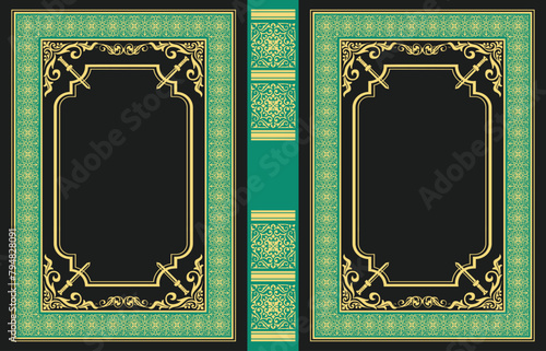Ornate leather book cover and Old retro ornament frames. Royal Golden style design. Historical novel. Oriental style Vector illustration. Hand drawn illustration