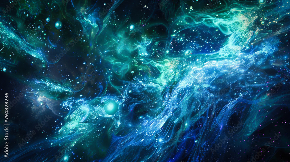 Space fantasy with glowing blue and green particles forming intricate patterns of stars Space fantasy with glowing blue and green particles forming intricate patterns of stars