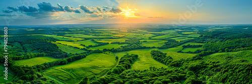 Obraz na płótnie Aerial View of Countryside at Sunset, Beautiful Landscape with Fields and Trees w salonie