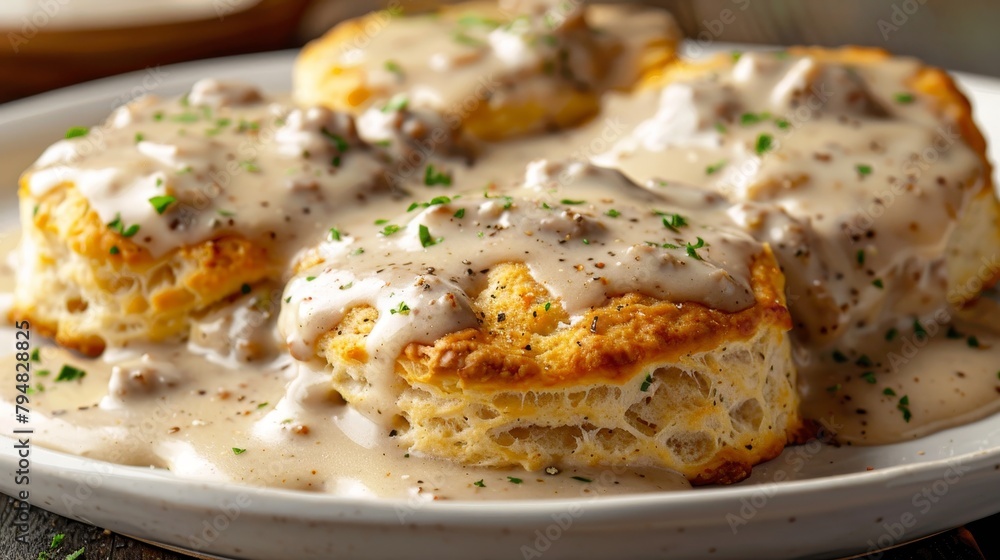 Sumptuous and fluffy biscuits drenched in creamy sausage gravy, a staple of Southern cuisine, perfect for food photography, isolated set