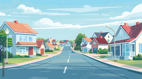 Suburban street with houses and road. Homes garages 