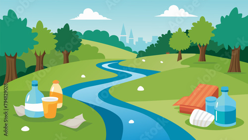 A clean pristine river flowing through a park where plastic bags and bottles have been rep with recyclable or reusable materials.