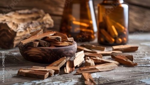 Yohimbe Extract: A Cluster of Yohimbe Bark or a Bottle of Yohimbe Extract Supplements