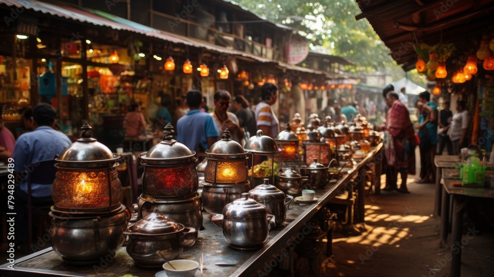 A diverse group of people standing around a long table filled with various pots and pans