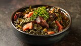 Savory serving of slow-cooked collard greens with smoked meat, a staple of Southern comfort, presented on a simple isolated backdrop, studio lighting