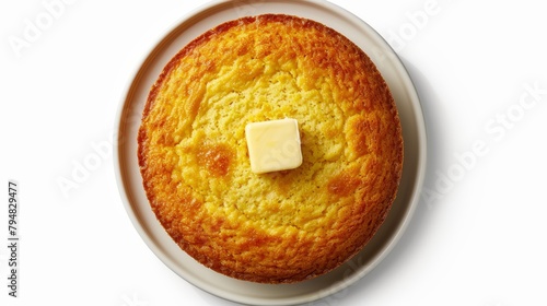 Premium look at cornbread from above, showcasing its moist crumb and sweet taste, ideally served with a pat of butter, clean isolated backdrop