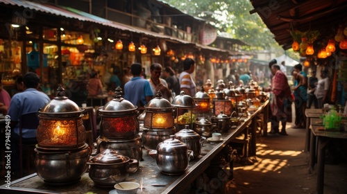 A diverse group of people standing around a long table filled with various pots and pans