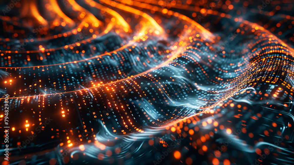 Glowing data binary code background with digital particles and orange lights Glowing data binary code background with digital particles and orange lights