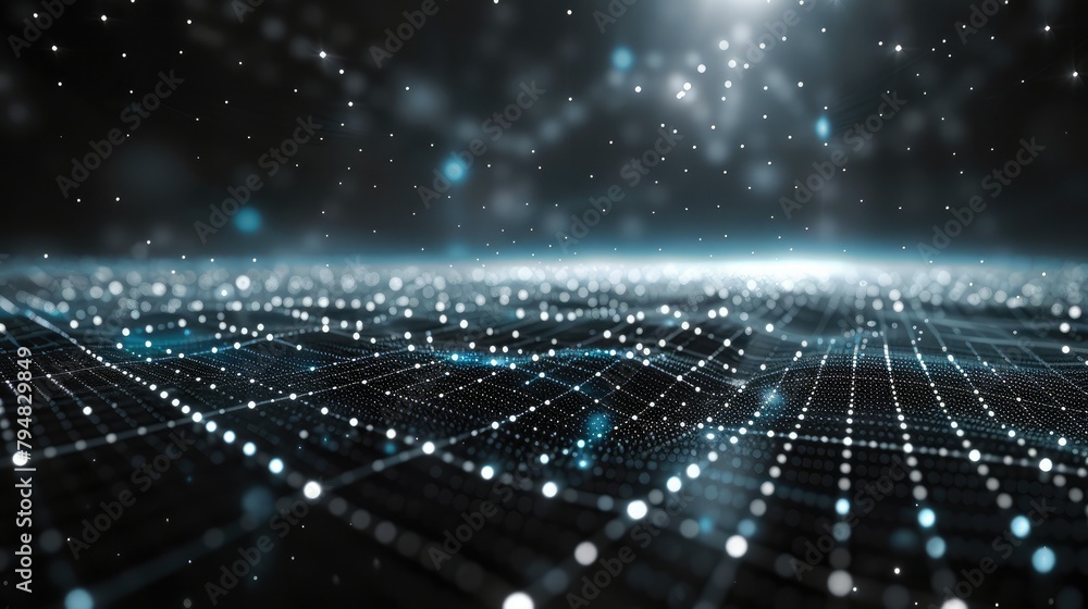 Obraz premium Futuristic AI technology themed thumbnail backdrop for versatile overlaying. The design features a high-resolution digital grid that extends into the horizon, in darker tones. Generative AI.
