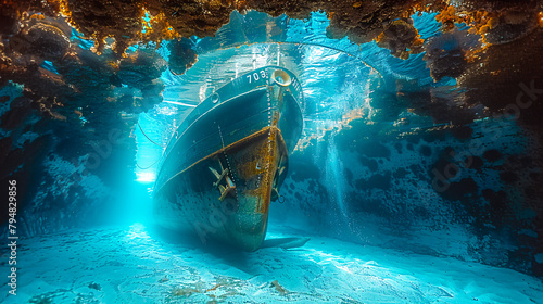 Scuba Divers Exploring Underwater Shipwreck, Ocean Adventure, Sunken Vessel Silhouette