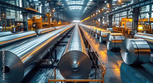 Large aluminium steel rolls in the factory. Generative AI. photo
