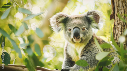 A koala bear sitting on a eucalyptus tree branch