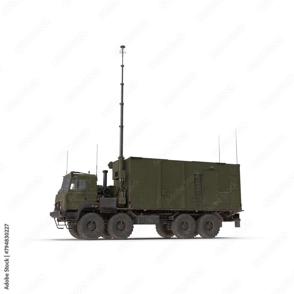 3D realistic Army military radar truck isolated on white, Air defense missile system. Surface to air rocket launcher. Anti-aircraft military vehicle. war army heavy green security defense auto-protect 3D realistic Army military radar truck isolated on white, Air defense missile system. Surface to air rocket launcher. Anti-aircraft military vehicle. war army heavy green security defense auto-protect