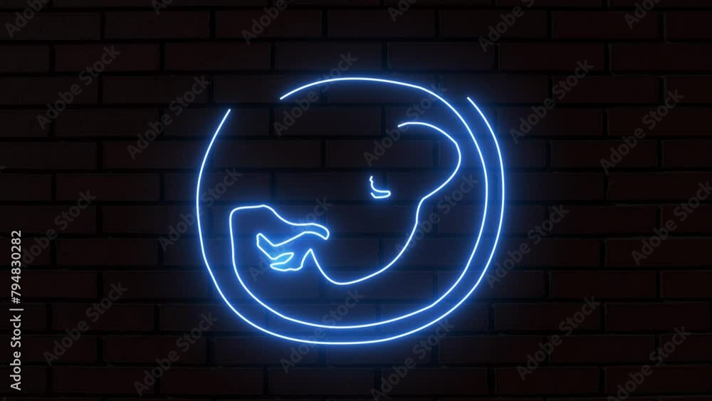 Blue glowing child from the future and a placenta in the uterus. Glowing neon embryo child icon in line style. A human baby in the womb Blue glowing child from the future and a placenta in the uterus. Glowing neon embryo child icon in line style. A human baby in the womb