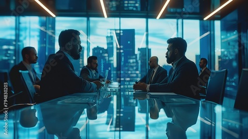 Institutional investors, group of investors analyzing market, investing in crypto in his office. Generative AI.