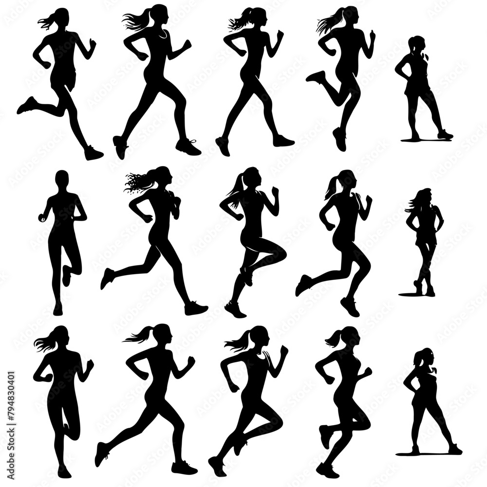 series of silhouettes of women running. Scene is energetic and active. The concept of the image is to showcase the different ways women can run, from sprinting to jogging series of silhouettes of women running. Scene is energetic and active. The concept of the image is to showcase the different ways women can run, from sprinting to jogging