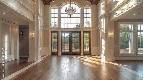Luxurious home entryway with high ceilings and double doorways, a large chandelier hanging from the ceiling, beautiful wooden floors. Generative AI.