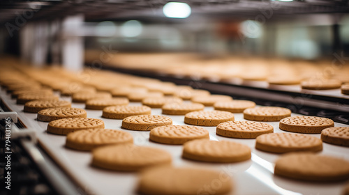 Cookie on automatic conveyor belt process of baking in factory. Food industry, Cookies and cake production.