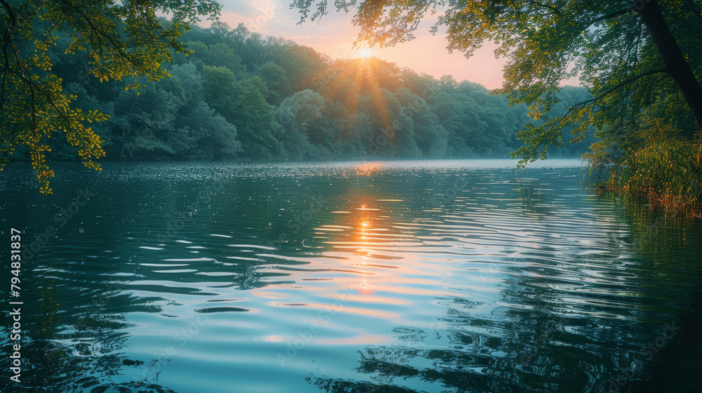 Sunset over a peaceful lake surrounded by autumn trees with a warm glow. Sunset over a peaceful lake surrounded by autumn trees with a warm glow.