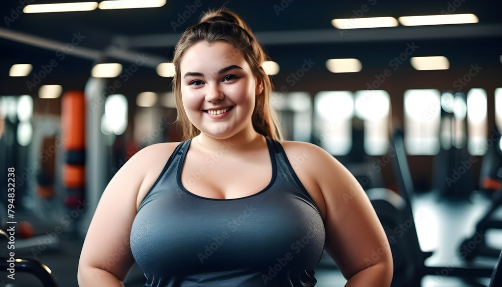 Fototapeta premium portrait of a smiling cute young plus-size girl in the gym