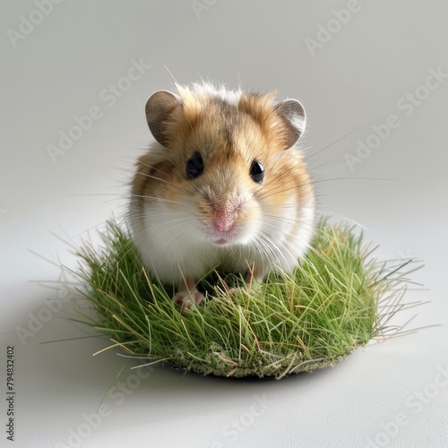 A hamster is sitting on a green grassy surface