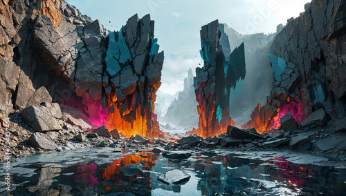 Rocky alien landscape with colorful splashes of light photo