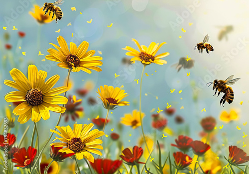 Bees fly on a lawn with yellow flowers and collect honey