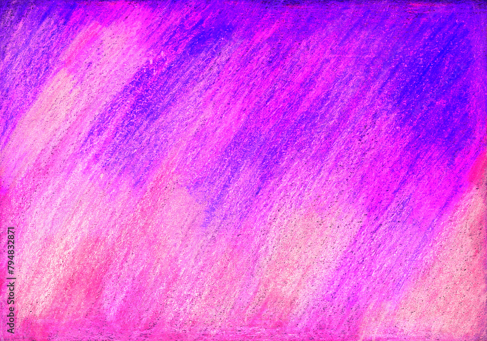 Fototapeta premium Abstract background drawn with colored pencils. Diagonal strokes. A gradient of bright colors. From blue to purple and pink. Blue from above, pink from below. Different shades.