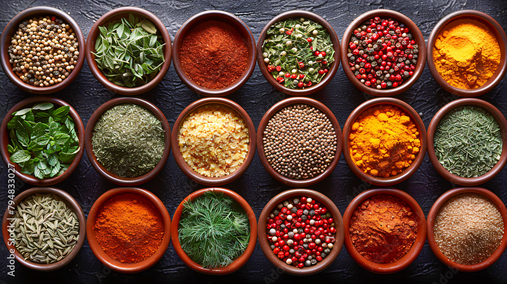Assorted Colorful Spices in Bowls, Cooking Ingredients for Flavorful Cuisine on Wooden Background