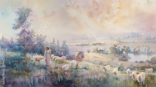 A gentle portrayal of Jesus as the Good Shepherd, with soft pastel watercolors in a peaceful pastoral setting