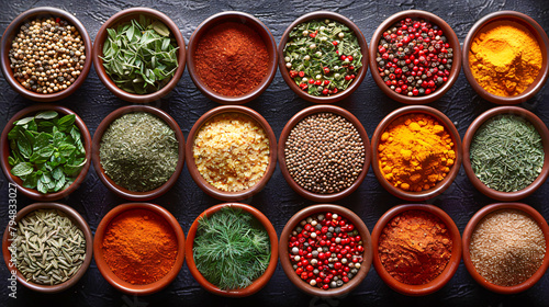 Assorted Colorful Spices in Bowls  Cooking Ingredients for Flavorful Cuisine on Wooden Background