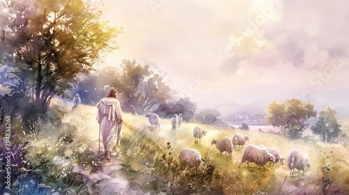 A gentle portrayal of Jesus as the Good Shepherd, with soft pastel watercolors in a peaceful pastoral setting