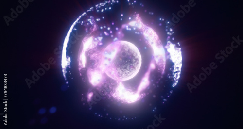Purple energy magic circle, sphere, ball made of futuristic waves and lines of particles of atomic energy and electricity force field. Abstract background