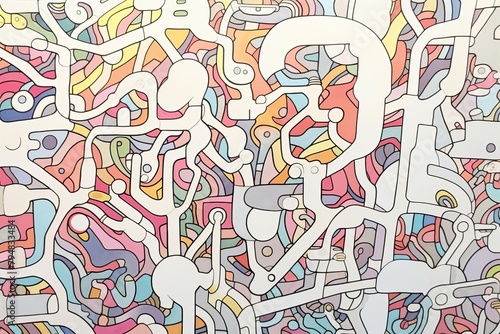 A complex network of colorful lines and shapes.