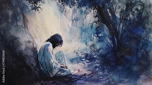 A poignant scene of Jesus praying in the Garden of Gethsemane, with dark, emotive watercolors photo
