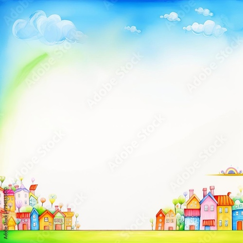 A cartoon town with a blue sky and a rainbow