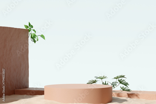Brown product display podium with monstera leaf. 3D rendering   © nawapon
