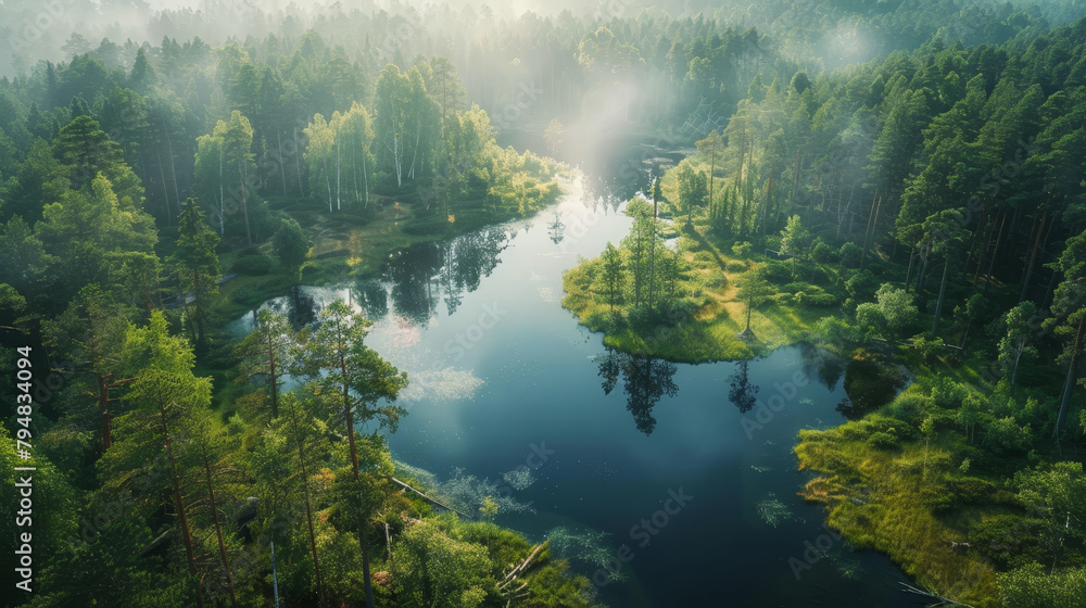 Serene dawn light piercing through a misty forest by a tranquil pond. Serene dawn light piercing through a misty forest by a tranquil pond.
