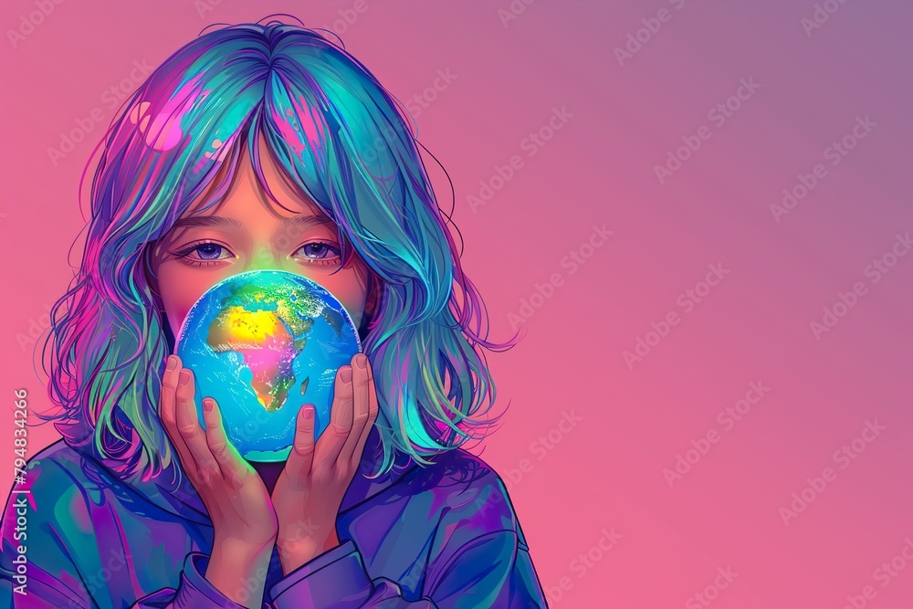 Naklejka premium A colorful illustration of a child holding the Earth