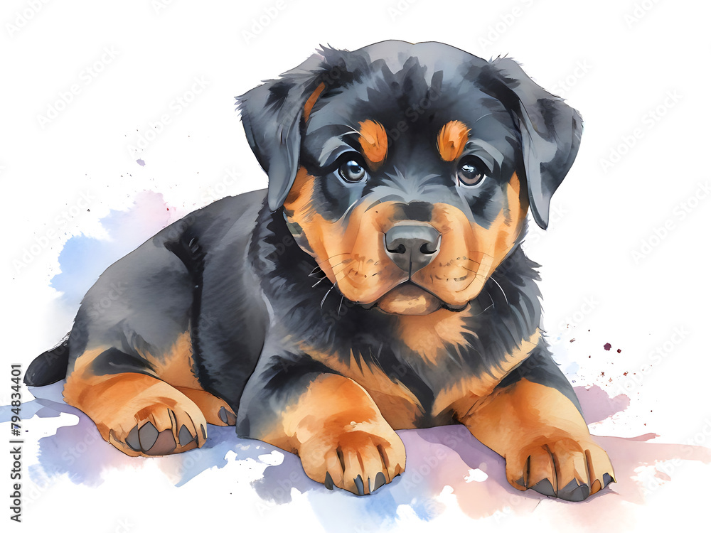 Fototapeta premium Watercolor painting of an adorable Rottweiler puppy. Puppies have dark brown fur with lighter markings on the chest, legs and face against a white background.