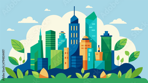 A cityscape with skyscrs made entirely out of compostable materials representing a sustainable and ecofriendly future.