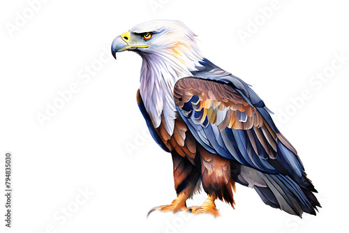 Watercolor painting of an African eagle  its powerful beak and piercing yellow eyes are the focal points on a white background.