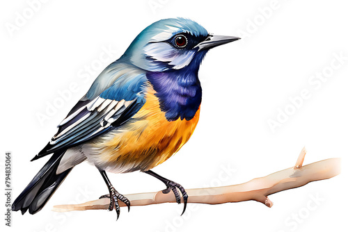 Watercolor painting of a colorful starling with a long pointed beak. bright yellow chest and a white belly perched on a branch on a white background © unairakstudio