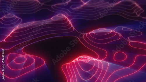 Purple looped futuristic hi-tech landscape with mountains and canyons from glowing energy circles and magic lines. Abstract background