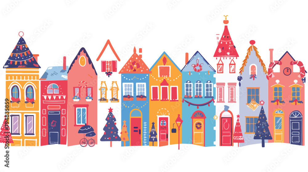 Town buildings exteriors decorated with festive Chris
