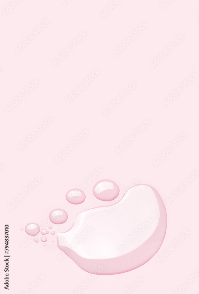 sample of cosmetic products toner serum oil round drops on a light pink background