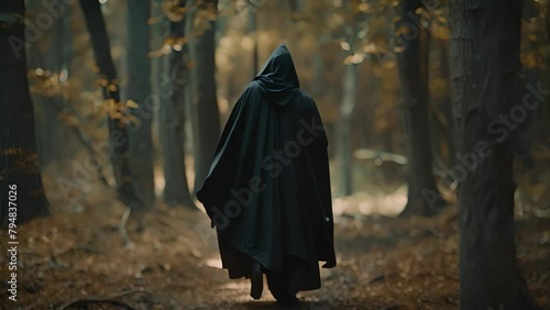 Figure in a black cloak in the forest. The concept of mystery and enigma. photo